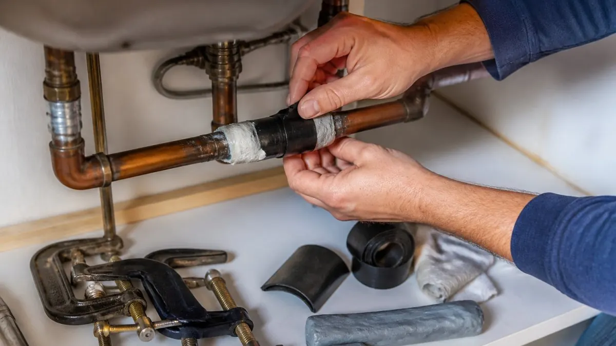 Homeowner's hands applying pipe repair tape and epoxy putty to a burst section of copper pipe under a sink, with C-clamps, rubber patches, and other tools visible on the counter beside the work area