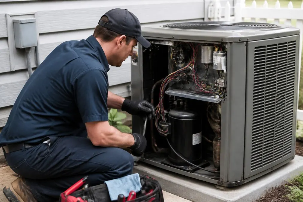 Professional HVAC technician in uniform examining the compressor and condenser unit components of an outdoor air conditioning system during a diagnostic inspection