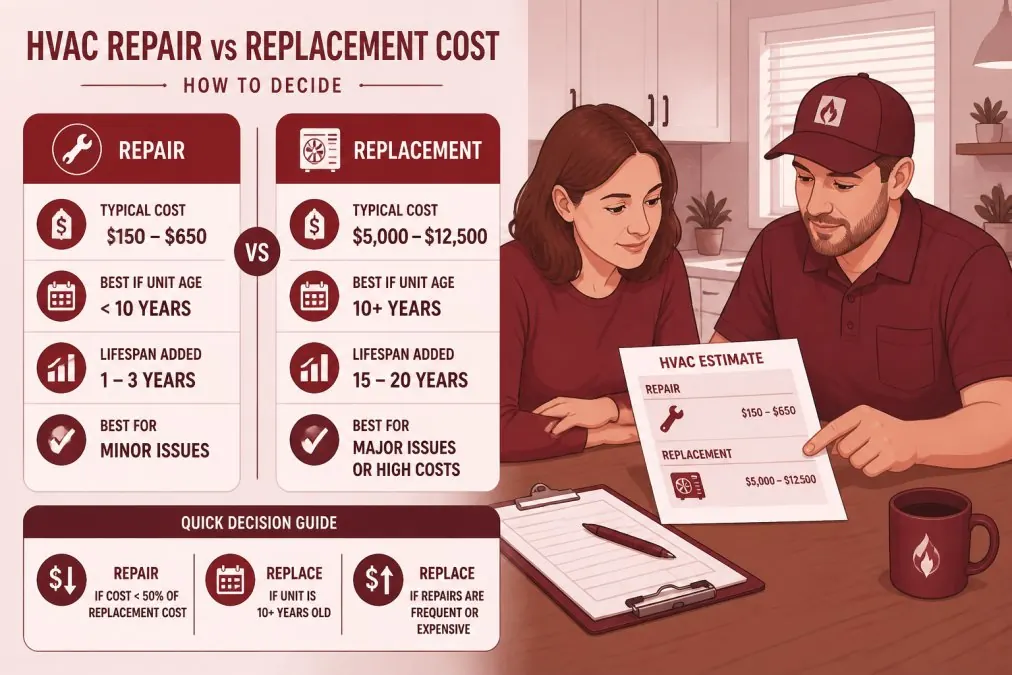 A homeowner and an HVAC contractor reviewing a printed estimate together at a kitchen table, with a clipboard and pen visible, warm interior lighting, suburban home setting