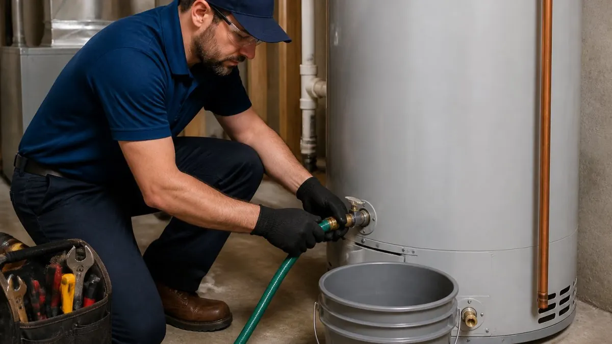 A licensed plumber in uniform attaching a garden hose to the drain valve of a residential water heater in a clean basement, with a bucket nearby