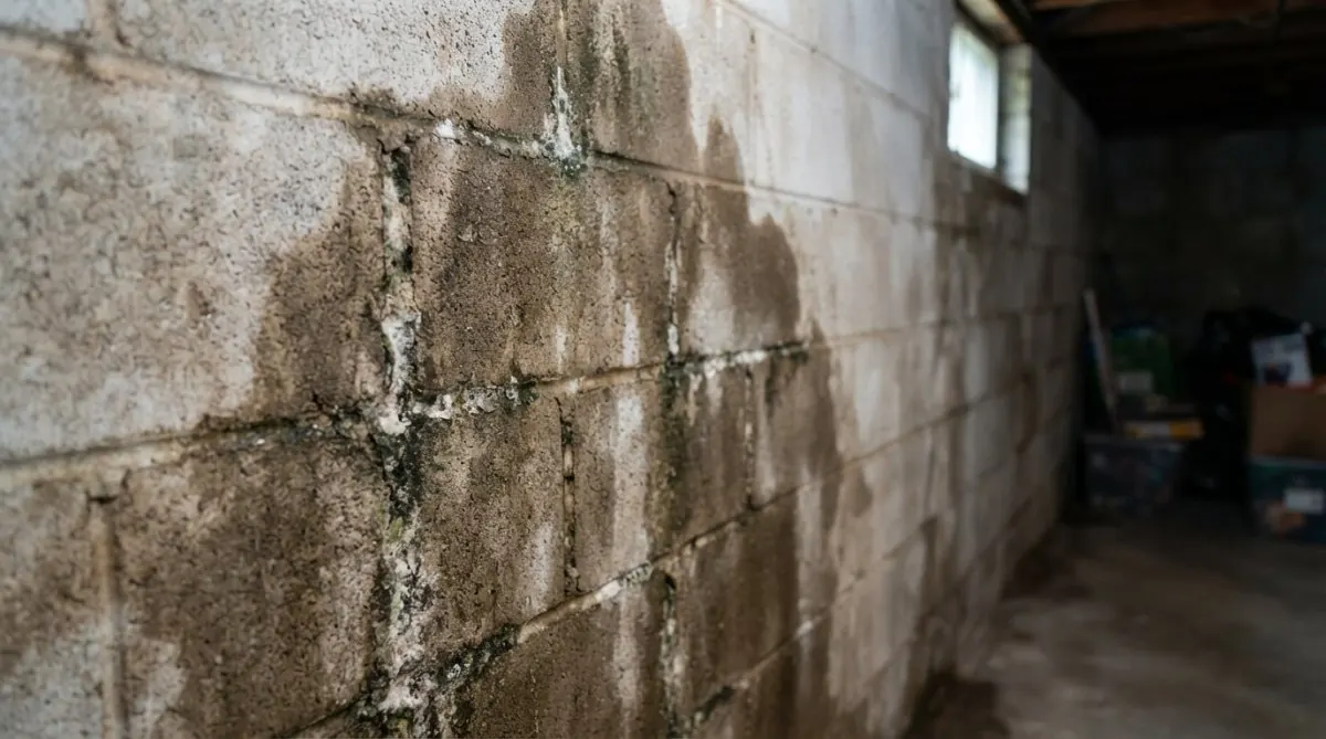 Close-up of water staining and discoloration on a basement wall showing darkened patches and moisture damage, with visible mold growth along the mortar lines