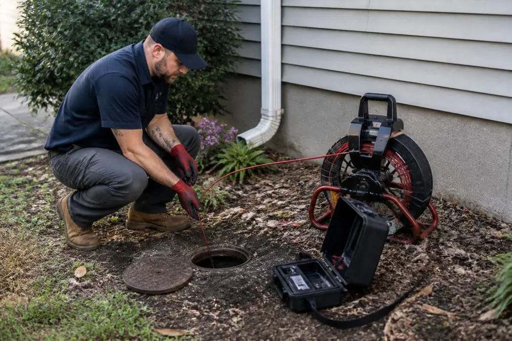 Licensed plumber using a camera probe for sewer line maintenance at an access point.