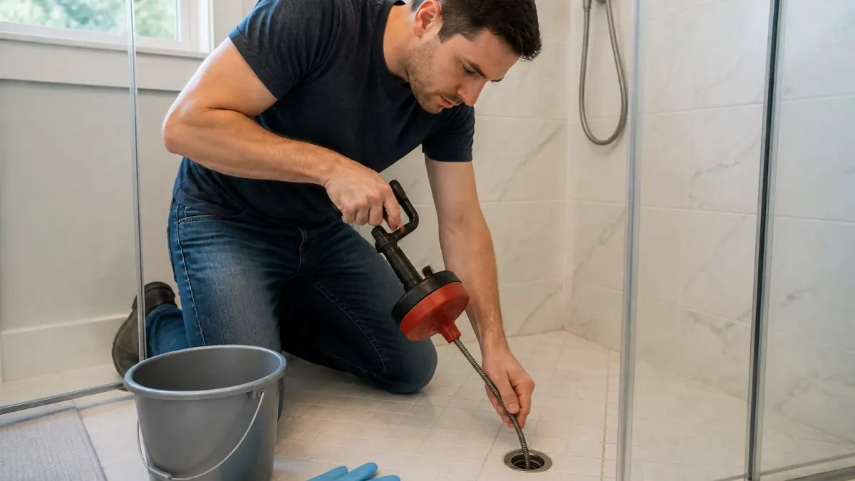 A homeowner in casual clothes kneeling in a clean bathroom, using a hand-cranked drain snake on a shower drain, with a small bucket and rubber gloves nearby under bright natural light
