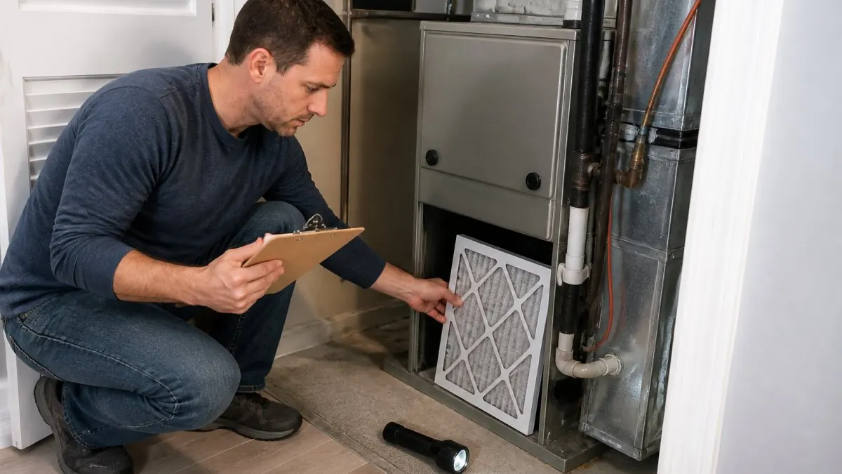 A homeowner in casual clothes kneeling beside a newly installed HVAC system in a clean utility closet, holding a clipboard and inspecting the air filter slot, with a flashlight nearby