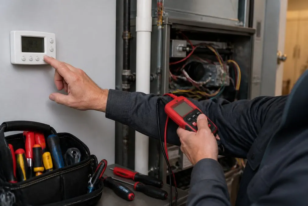Professional HVAC technician's hands checking thermostat settings and furnace control panel with diagnostic tools visible on workbench