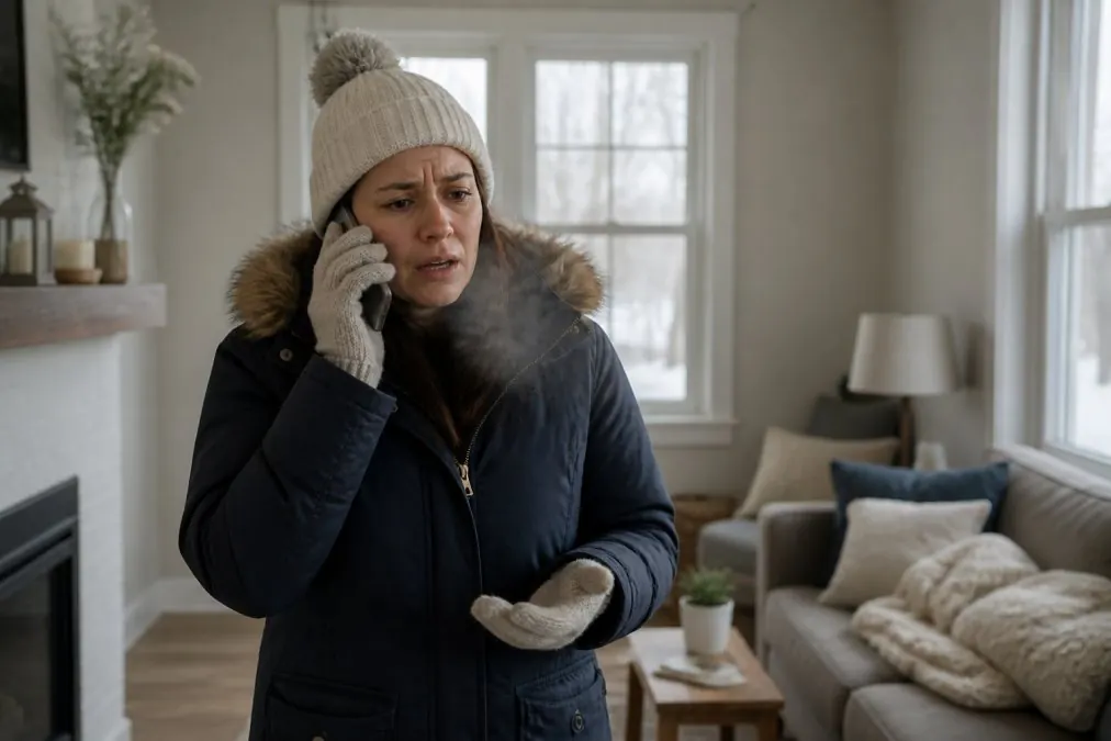 Homeowner in winter clothing speaking on phone while standing in living room with visible breath, showing urgency of emergency heating repair situation