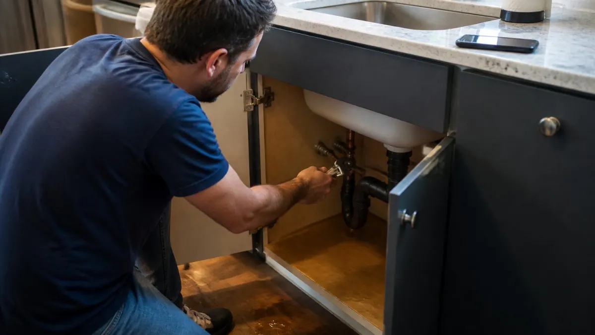 Homeowner in casual clothing using an adjustable wrench to turn off the water main valve beneath a kitchen sink, with visible water pooling on the floor and a smartphone resting nearby on the counter
