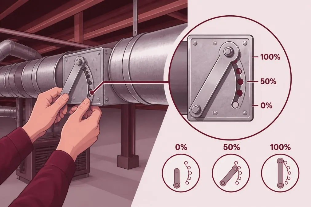 Homeowner's hands adjusting a metal damper lever inside an HVAC supply duct, showing the lever position and surrounding ductwork in a basement or crawlspace setting