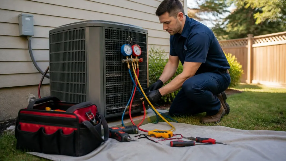 A uniformed HVAC technician kneeling beside an outdoor condenser unit in a suburban backyard, gauges and tools laid out on a drop cloth, late afternoon sunlight