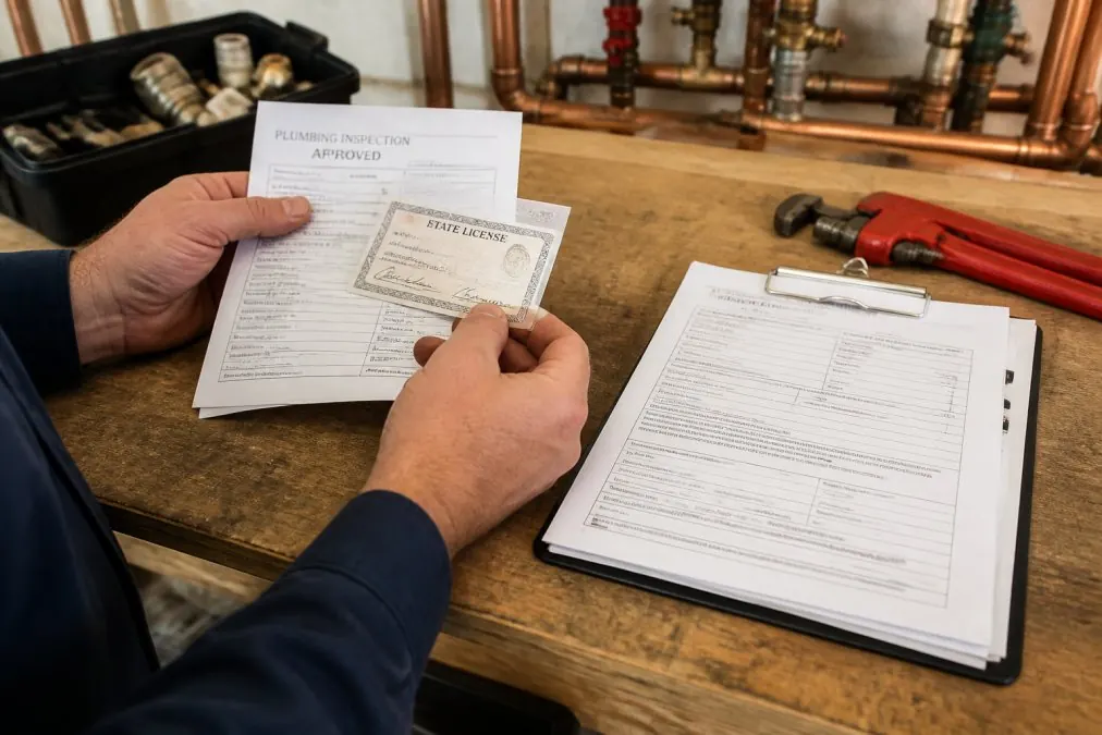 Close-up of plumber's hands holding active state licensing credentials and inspection documents, clipboard with permit forms visible on wooden workbench, natural daylight