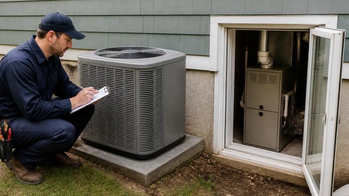 HVAC technician inspecting an outdoor heat pump vs furnace system set up