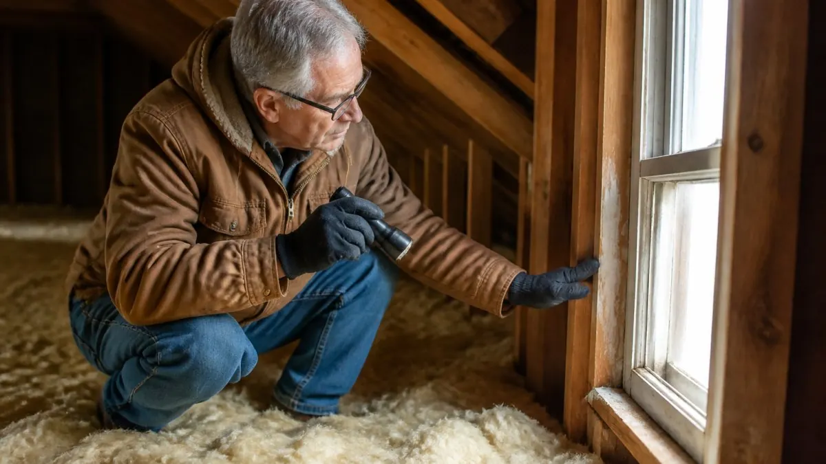 Homeowner inspecting attic insulation and checking weatherstripping around an older window frame in dim attic lighting