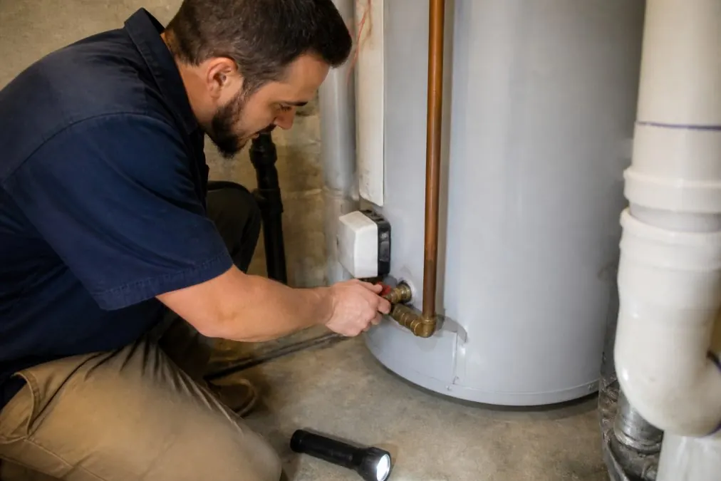 A homeowner in work clothes turning the shut-off valve on a residential water heater in a basement, with a flashlight nearby