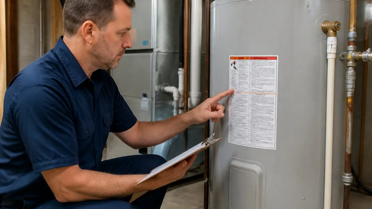 A licensed plumber in uniform reading the specification label on a residential water heater tank in a clean basement utility room, clipboard in hand