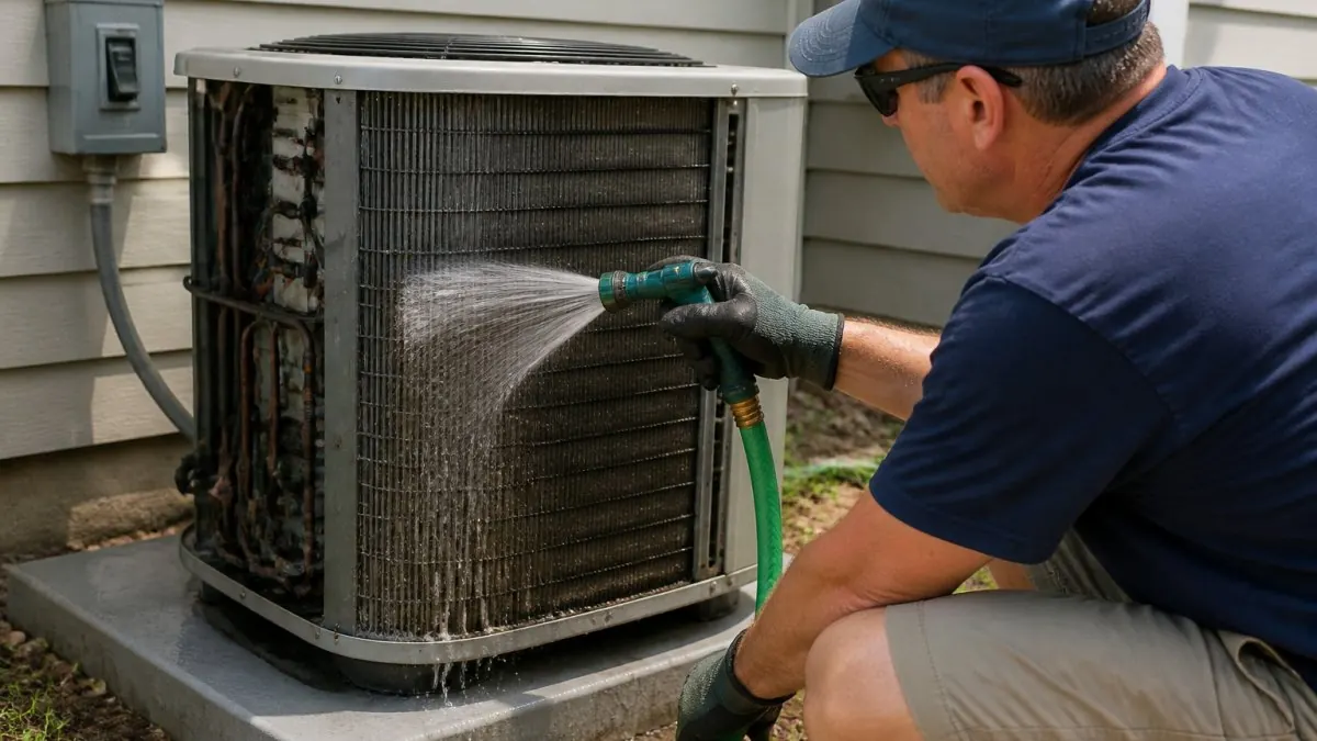 Homeowner wearing work gloves rinsing outdoor AC condenser fins with a garden hose to clean coils safely