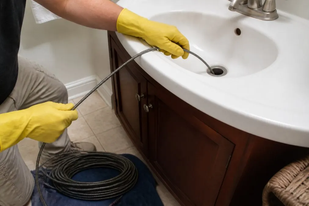 A person wearing yellow rubber gloves feeding a coiled metal drain snake into a bathroom sink drain, with the remaining snake coiled on a towel on the floor beside the vanity cabinet under bright bathroom lighting
