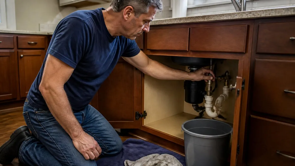 Homeowner shutting off the main water valve under a kitchen sink while waiting for emergency plumbers to arrive.