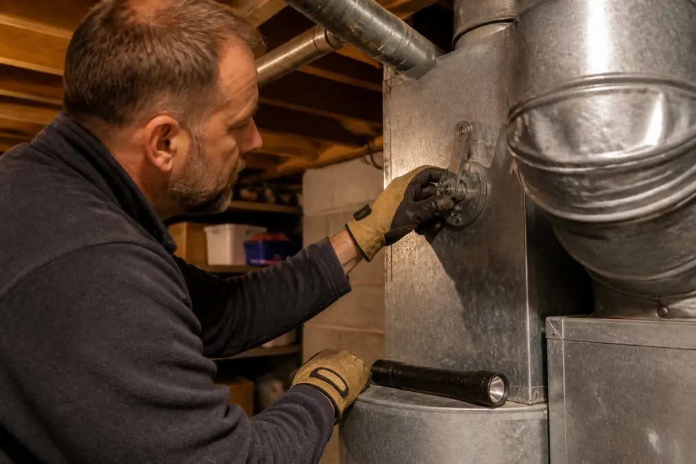 A homeowner in work gloves adjusting a metal damper lever on a basement duct, flashlight resting nearby, warm overhead lighting