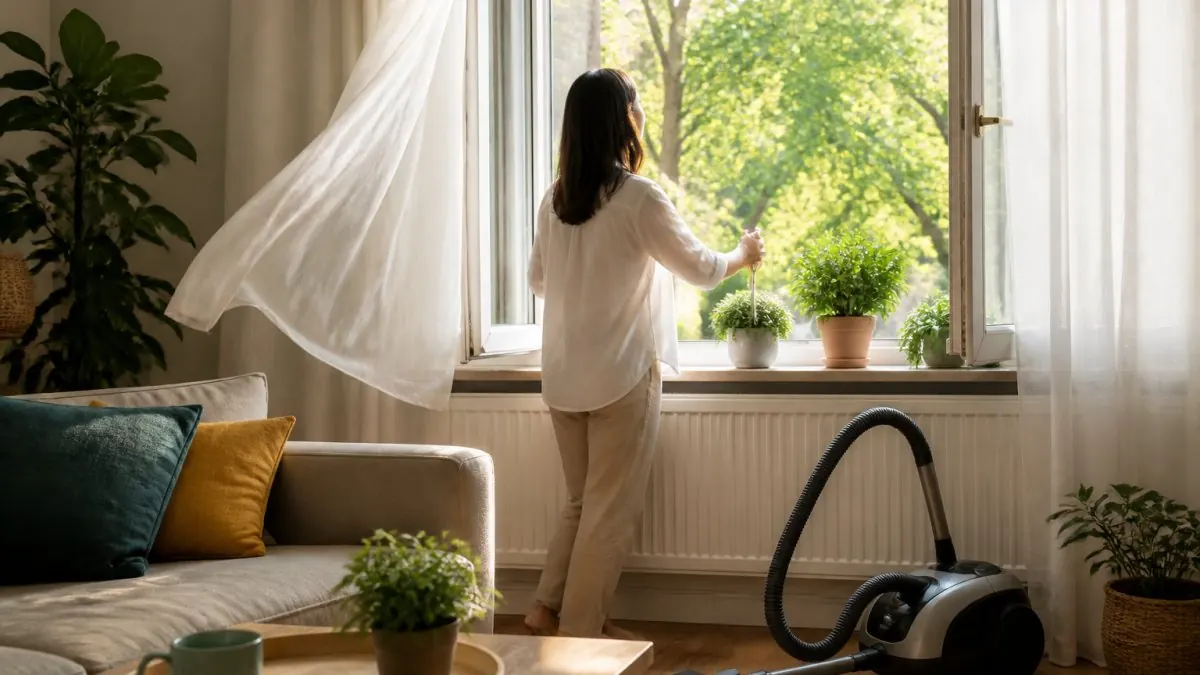 A homeowner opens a window to improve home air quality as a breeze lifts the curtains near potted plants.