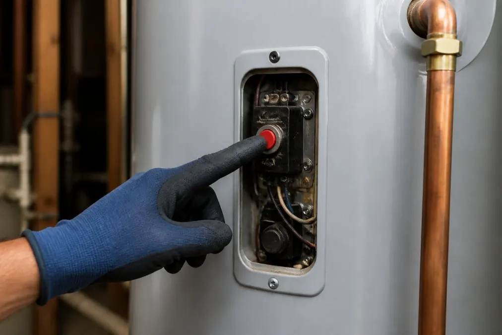 Close-up of a gloved hand pressing the red high-limit reset button on an electric water heater upper thermostat, with the tank in soft workshop lighting