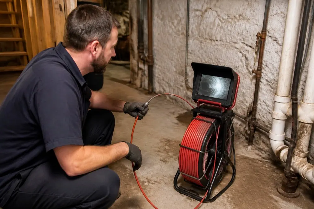 Licensed plumber holding waterproof camera probe equipment, examining pipe inspection monitor showing interior sewer line condition in residential basement setting