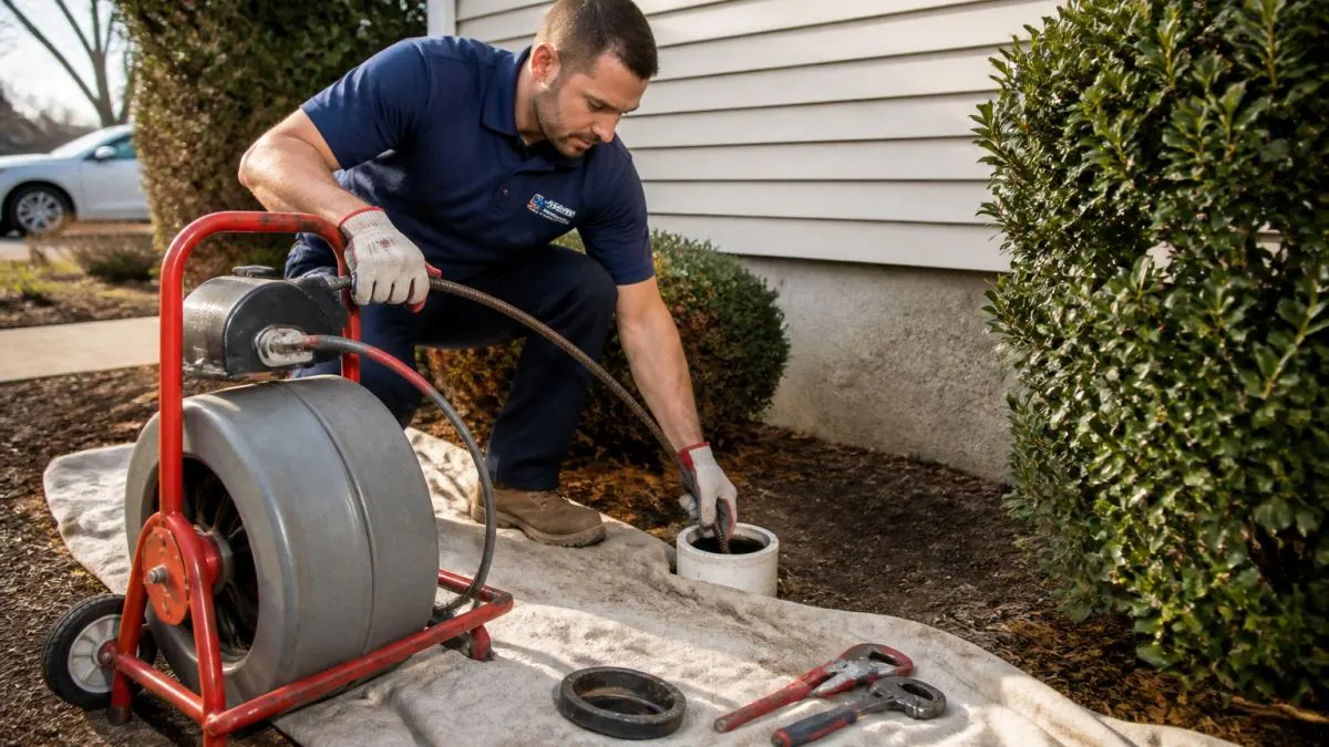 A licensed plumber in uniform using a motorized drain snake on an outdoor sewer cleanout, with professional tools laid out on a drop cloth nearby