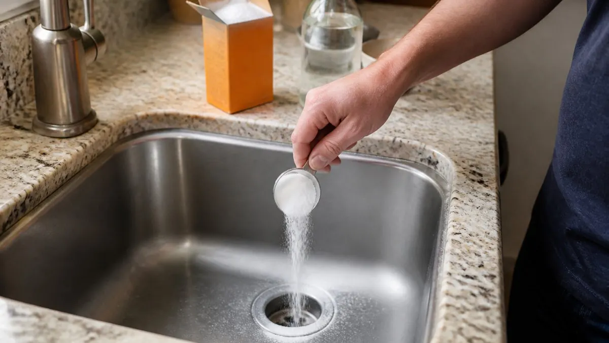 Homeowner pouring baking soda and vinegar into a kitchen sink as natural alternatives to chemical drain cleaners
