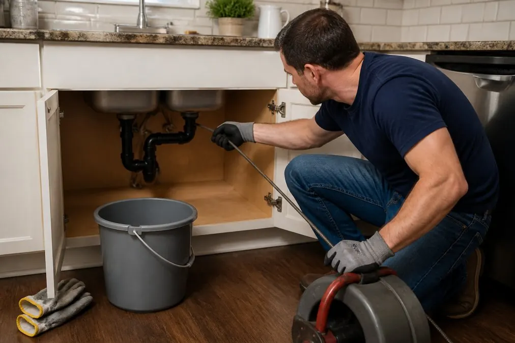 A homeowner using a drain snake to clear a slow-draining kitchen sink, with a bucket and gloves nearby on the floor