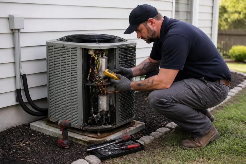 A licensed HVAC technician crouching beside an outdoor condenser unit on a bright sunny day, examining components with a multimeter and hand tools laid out on the concrete pad nearby