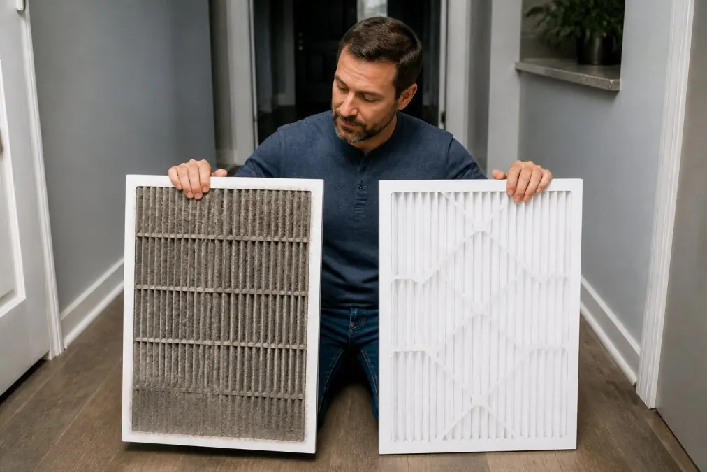 A homeowner in a hallway holding a visibly dirty gray air filter next to a clean white replacement filter, comparing the two side by side under bright overhead lighting