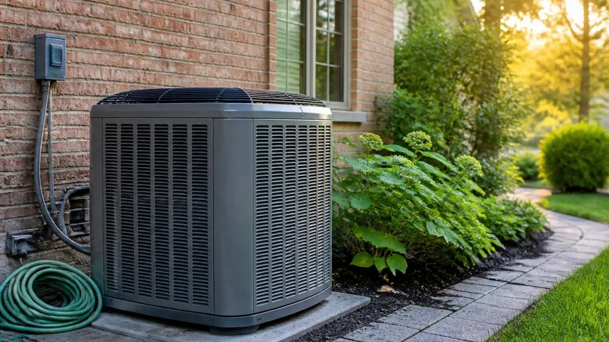 Outdoor air conditioning condenser beside a brick house during the HVAC lifespan cycle