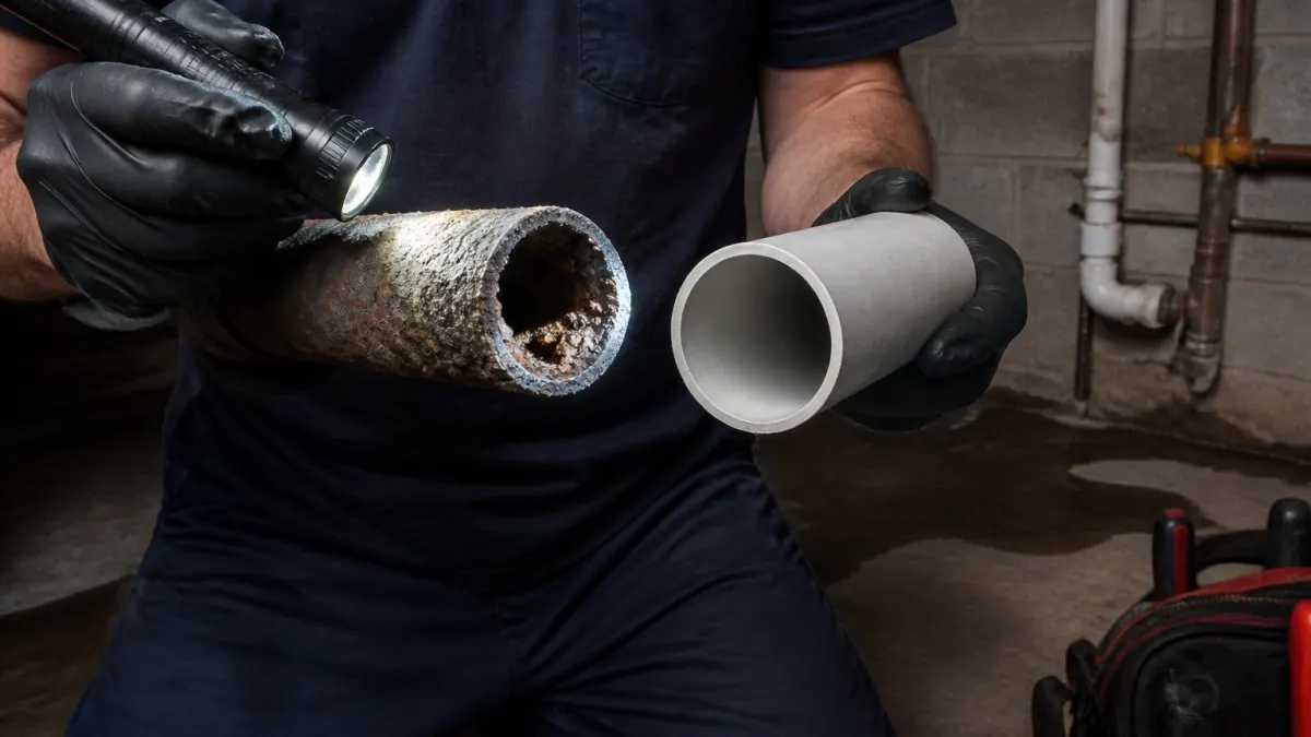 Plumber comparing a corroded galvanized steel pipe to PVC to explain recurring drain clogs in a basement.