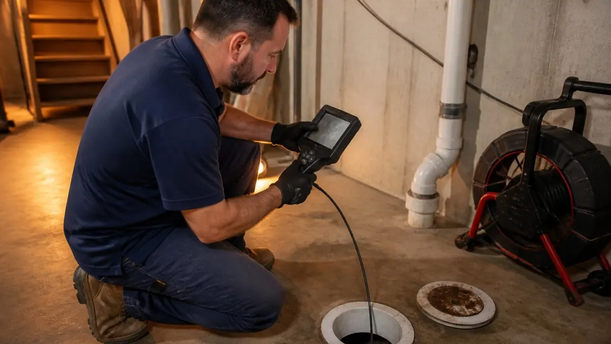 A licensed plumber kneeling beside an open basement cleanout, feeding a flexible camera cable into the pipe while watching a handheld video monitor, warm work-light glow on concrete floor