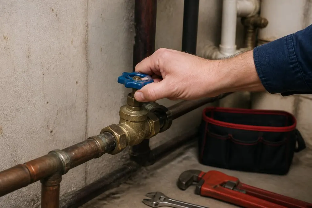 Homeowner's hand turning the main water shut-off valve located in a basement utility area, with visible pipes and valve handle in clear focus