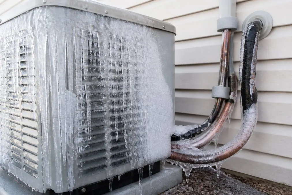 Close-up of thick ice buildup accumulated on an outdoor AC condenser unit and copper refrigerant lines on a residential home exterior, with frost visible in morning sunlight