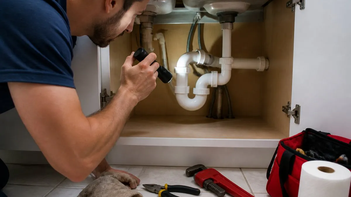 Homeowner inspecting under a bathroom sink with a flashlight, examining the P-trap and drain connections to identify sources of sewer odor